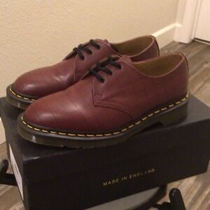 Dr. Martens Burgundy Leather 3-Eye Derby with Yellow Welt Stitching